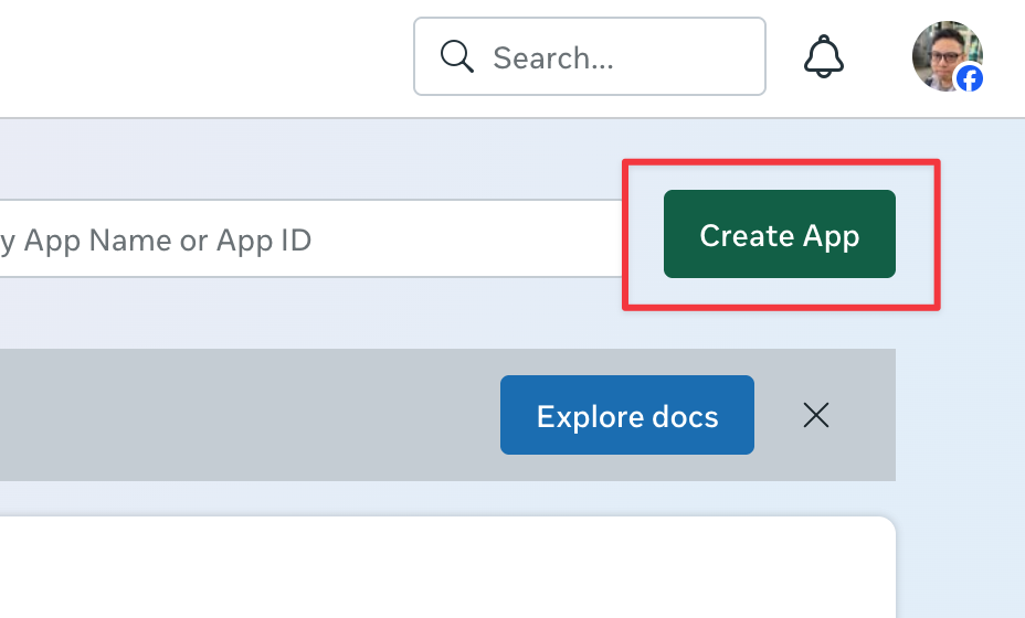 Meta for Developers My Apps page with the Create App button highlighted