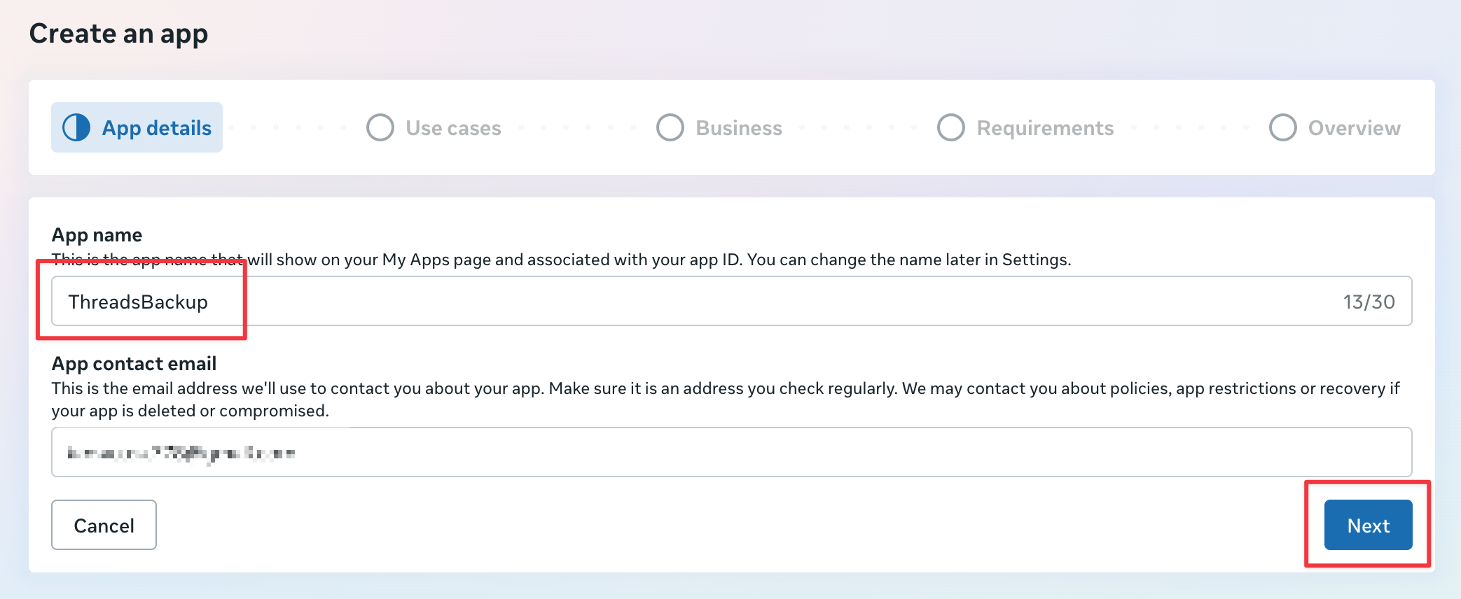 Create an app form with ThreadsBackup entered as the app name and Next highlighted