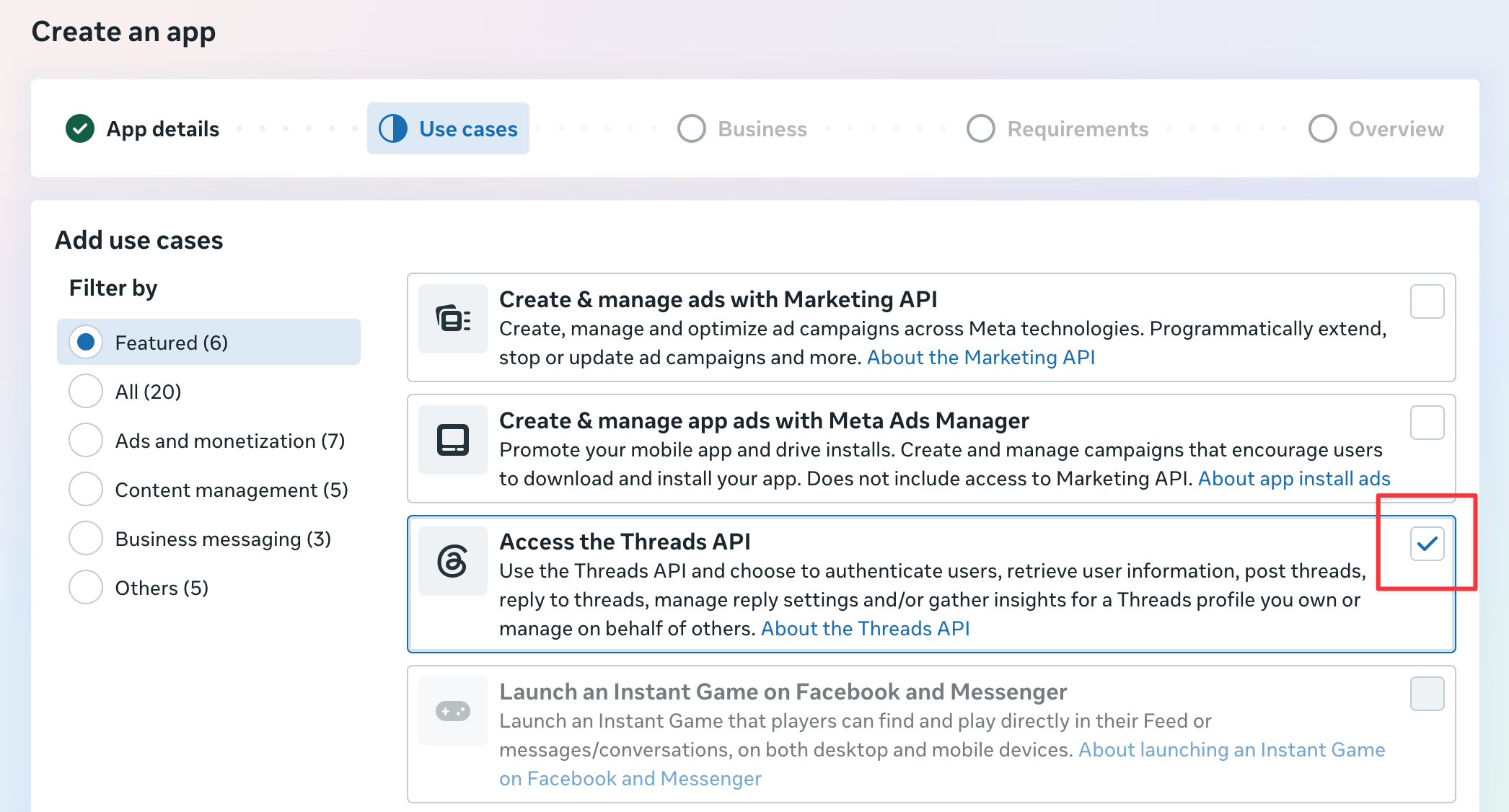 Meta app use case list with Access the Threads API selected