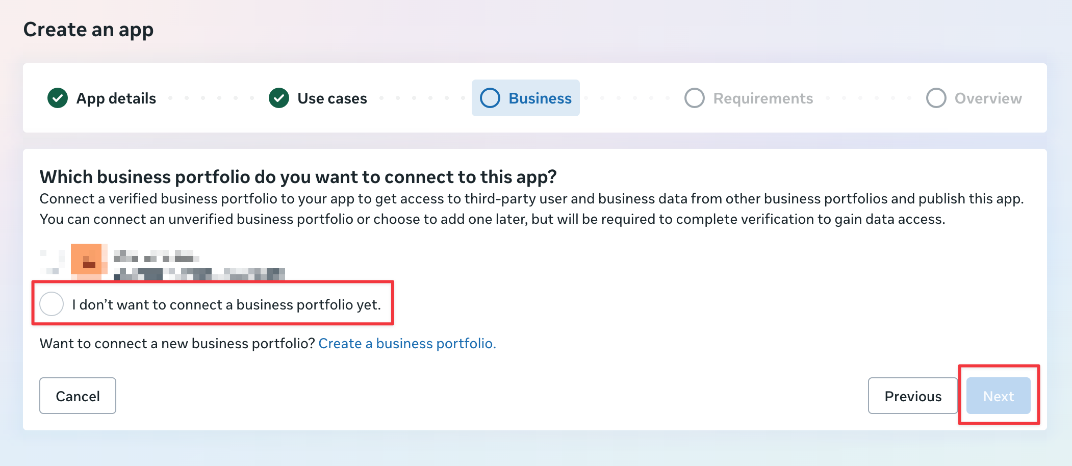 Business portfolio step with the option to not connect a portfolio highlighted