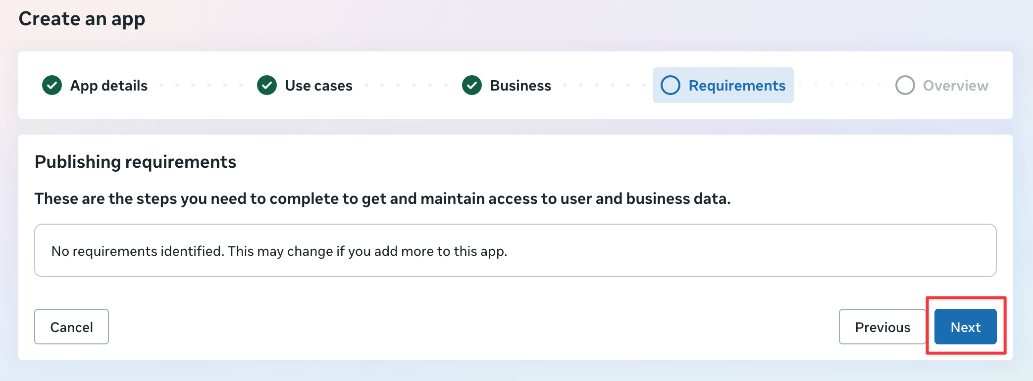 Publishing requirements step showing no requirements and the Next button highlighted