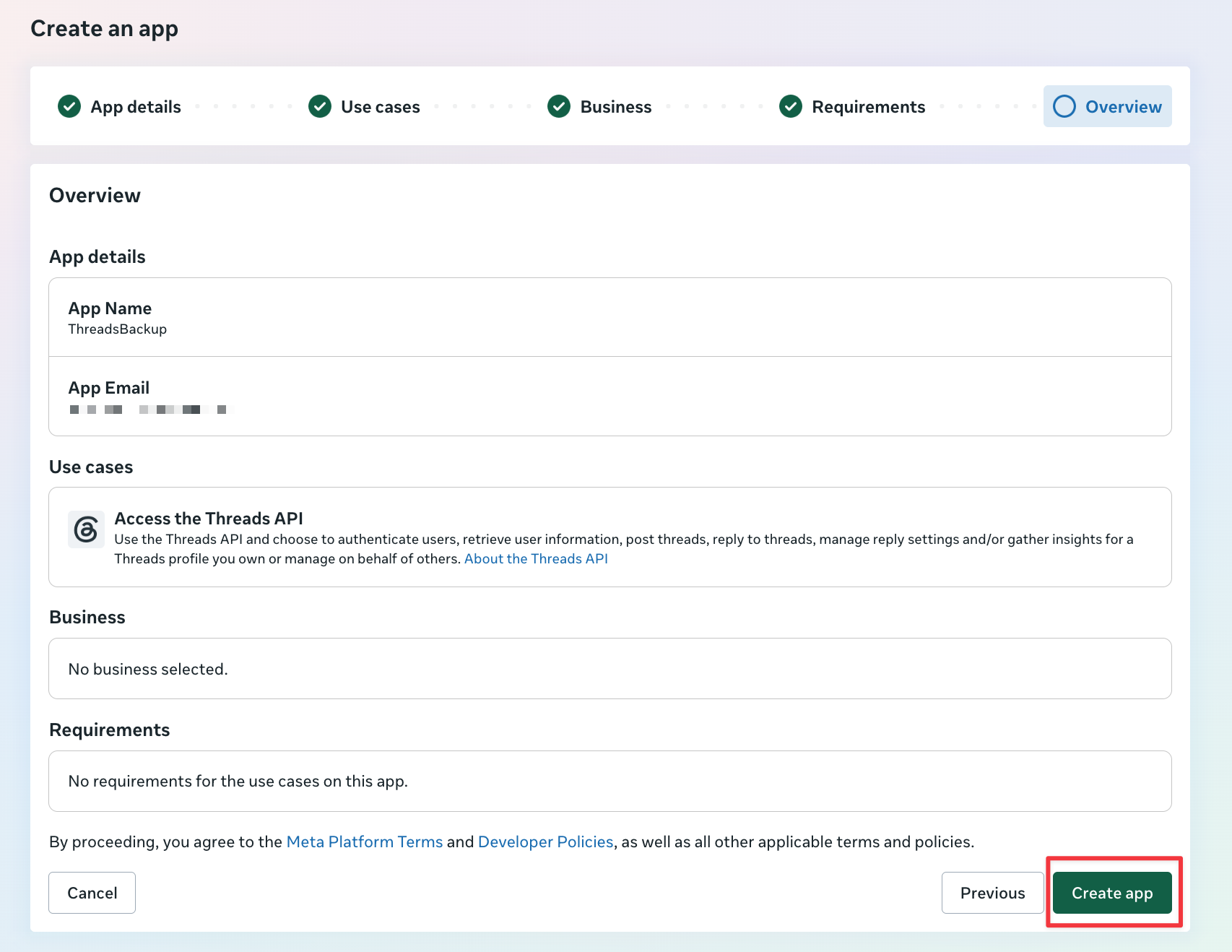 Meta app overview with the Create app button highlighted