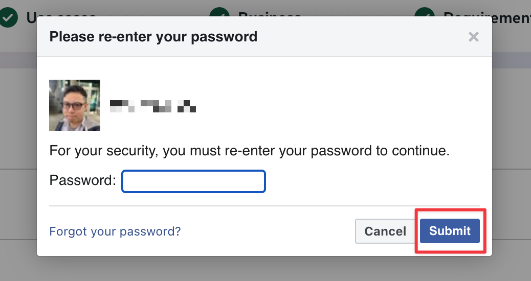 Facebook password confirmation dialog with Submit highlighted