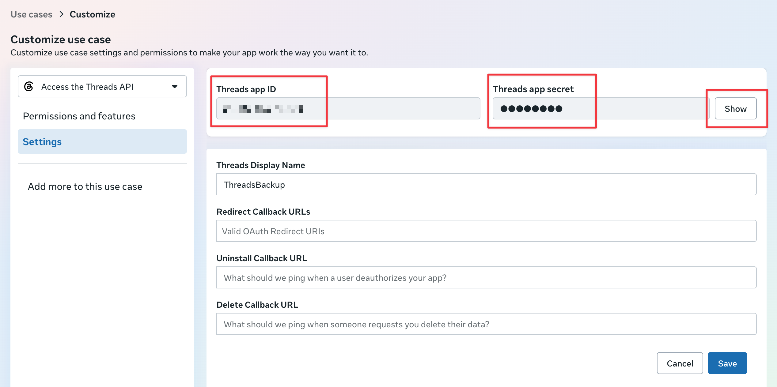 Threads API settings with the Threads app ID, app secret, and Show button highlighted
