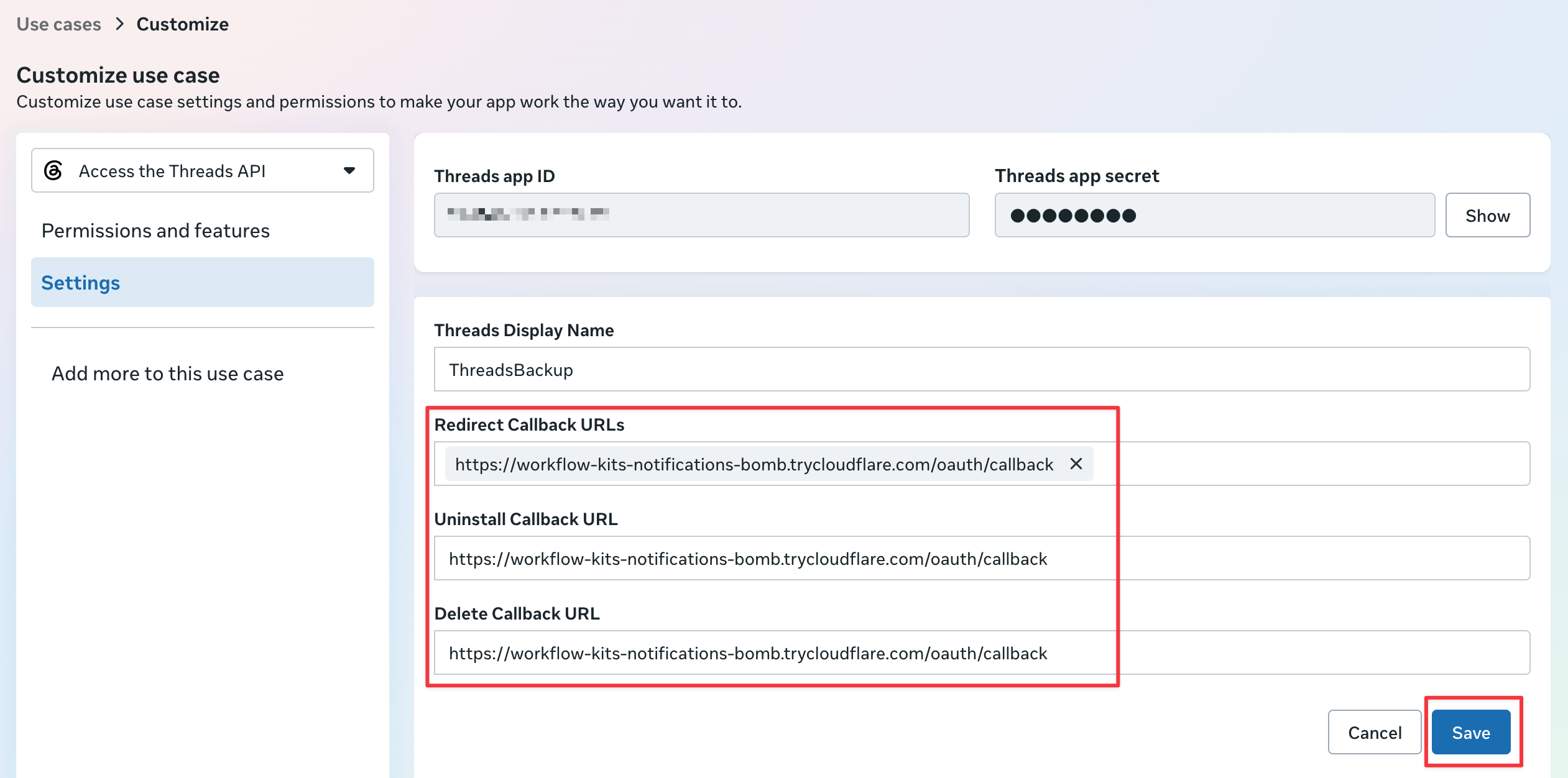 Threads API settings with the Quick Tunnel URL entered in all three callback URL fields and Save highlighted