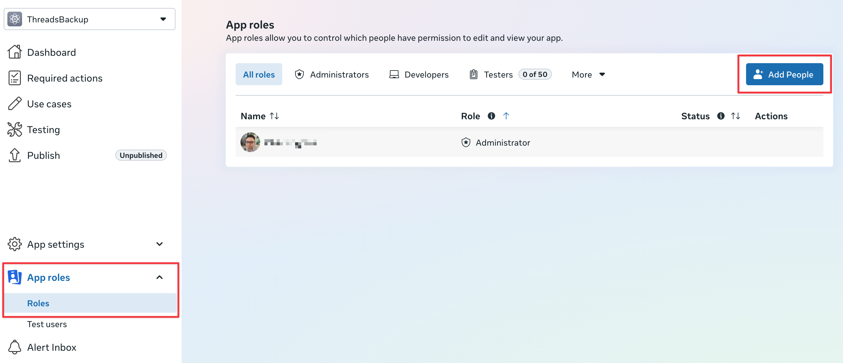 Meta App roles page with Roles and Add People highlighted