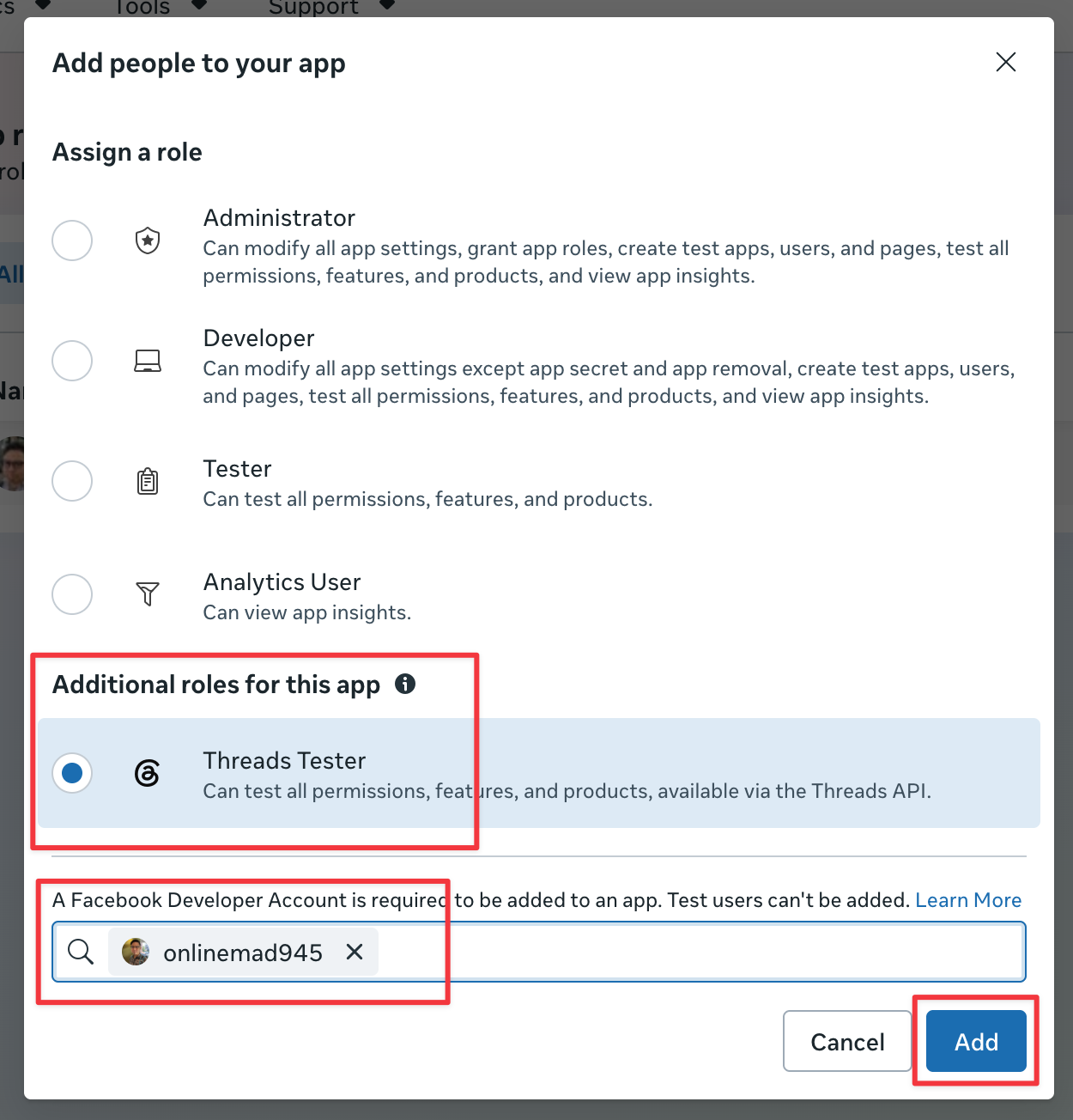 Add people dialog with Threads Tester selected, a Threads username entered, and Add highlighted