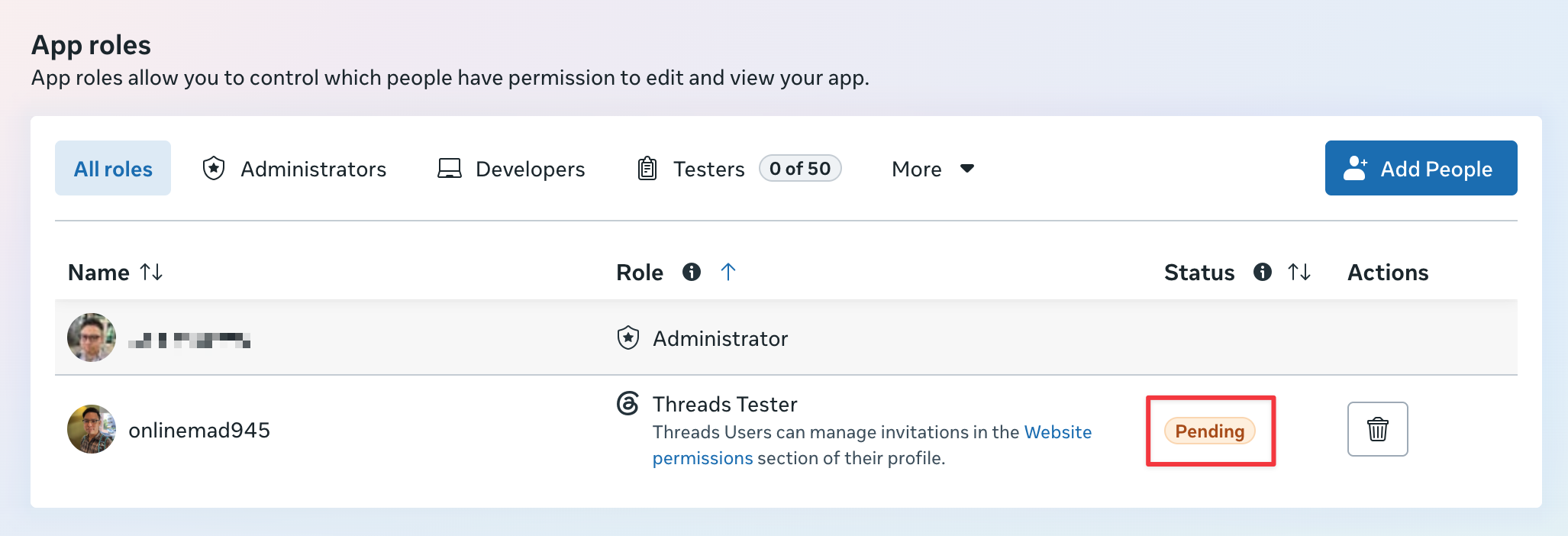Meta App roles page showing the invited Threads Tester with Pending status