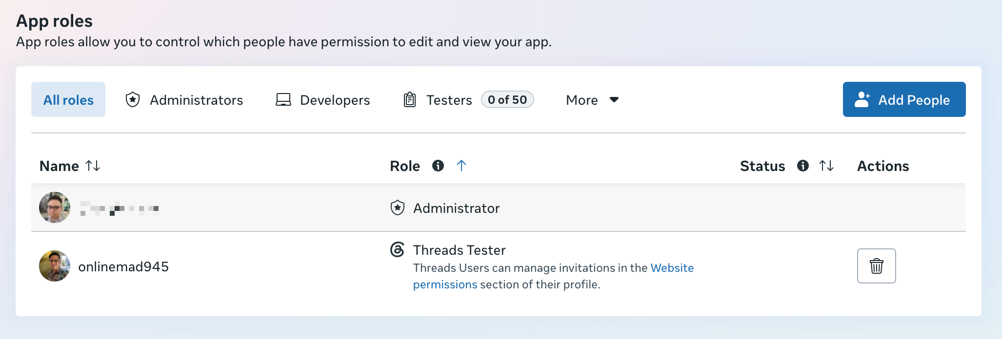 Meta App roles page showing the Threads Tester without Pending status