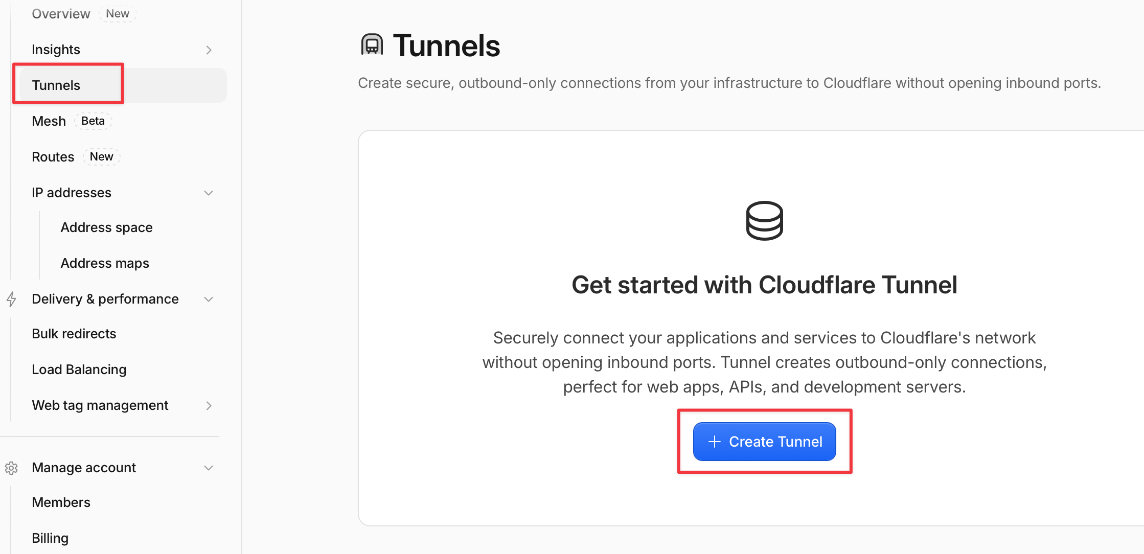 Cloudflare Tunnels page with Tunnels and Create Tunnel highlighted