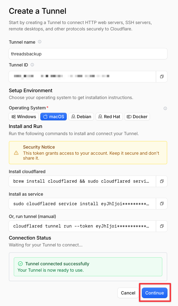 Cloudflare tunnel setup showing a successful connection and Continue highlighted