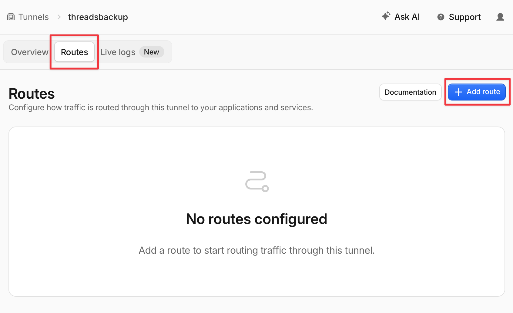 Cloudflare tunnel Routes tab with Add route highlighted