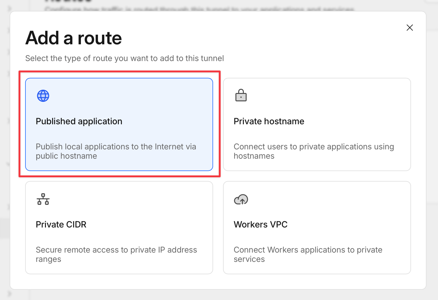 Cloudflare Add a route dialog with Published application selected