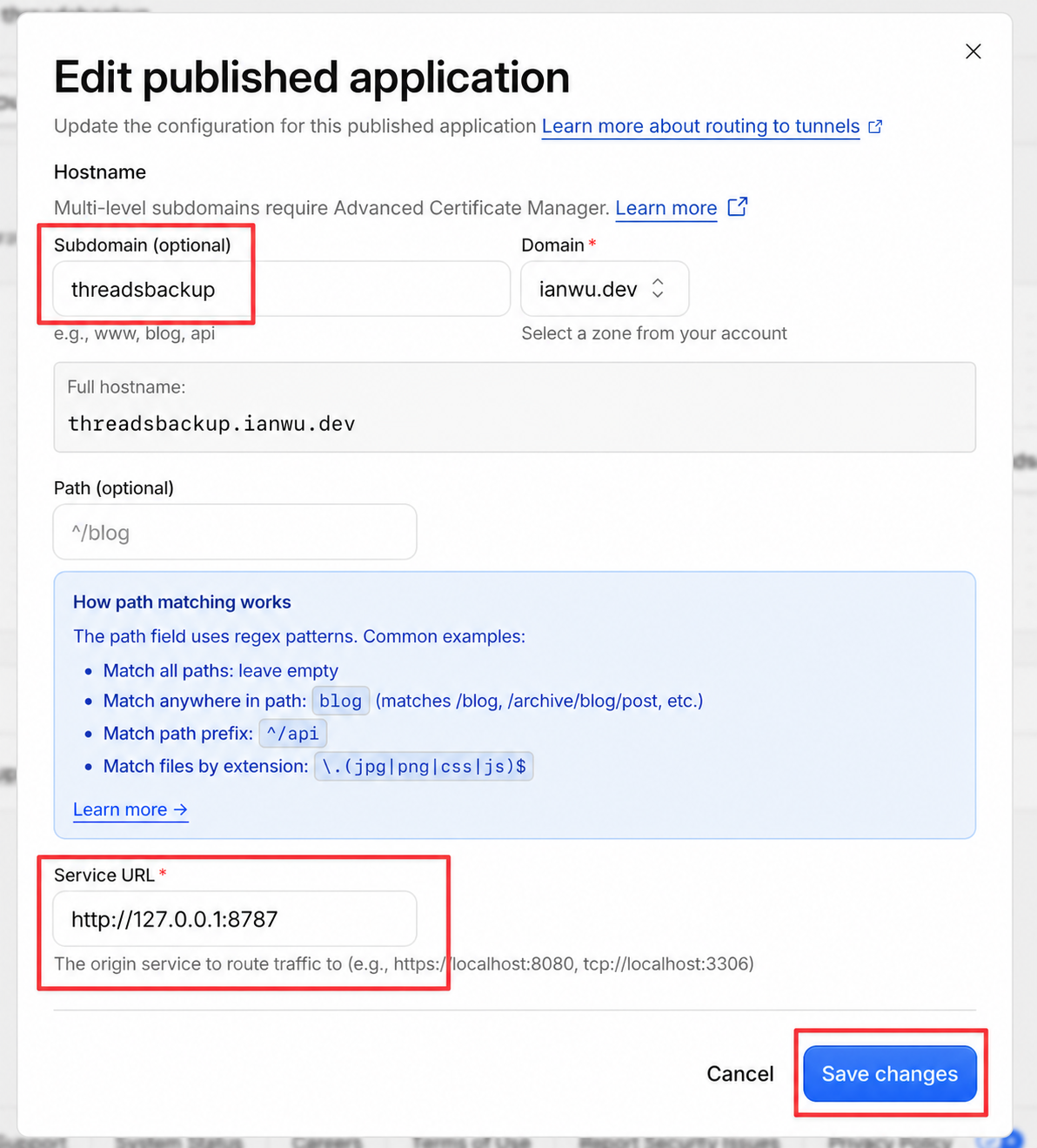 Cloudflare published application form with a threadsbackup hostname, http://127.0.0.1:8787 service URL, and Save changes highlighted