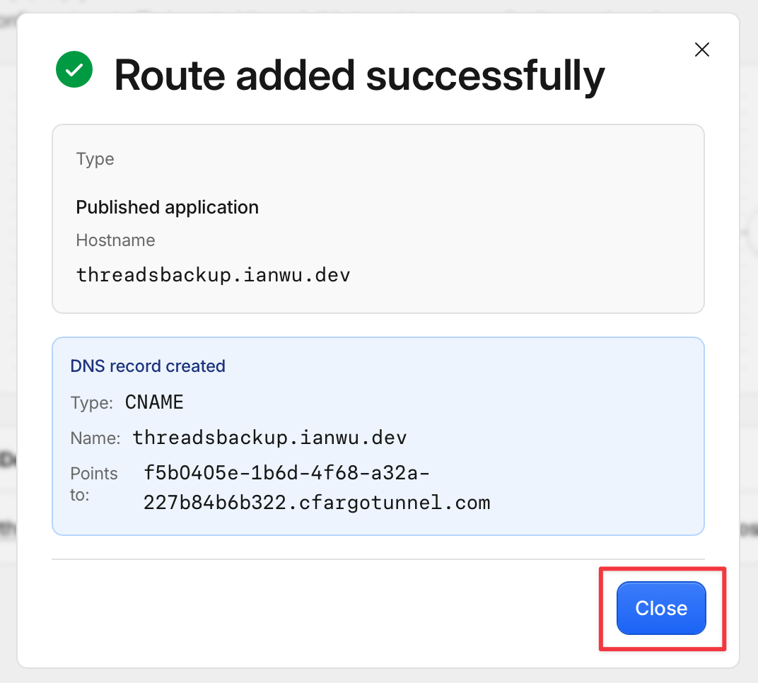 Cloudflare confirmation that the published application route and DNS record were created