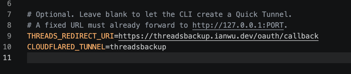 Environment file with THREADS_REDIRECT_URI and CLOUDFLARED_TUNNEL configured