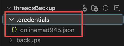 Project file tree showing a Threads account credential JSON file inside the .credentials directory